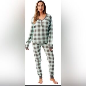 #FOLLOWME PRINTED HENLEY THERMAL UNDERWEAR SET  WOMEN BUFFALO PLAID GREEN/GRAY M